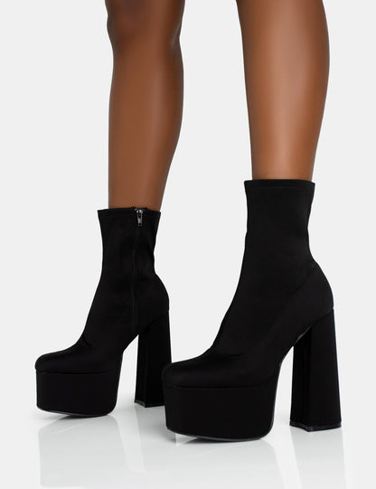 DOMINATE NYLON PLATFORM ROUNDED SQUARE TOE BLOCK HEELED ANKLE BOOTS