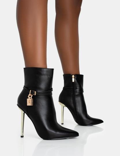 PUBLIC DESIRE JALAN BLACK PU PADLOCK POINTED TOE GOLD STILETTO HEEL ANKLE BOOTS