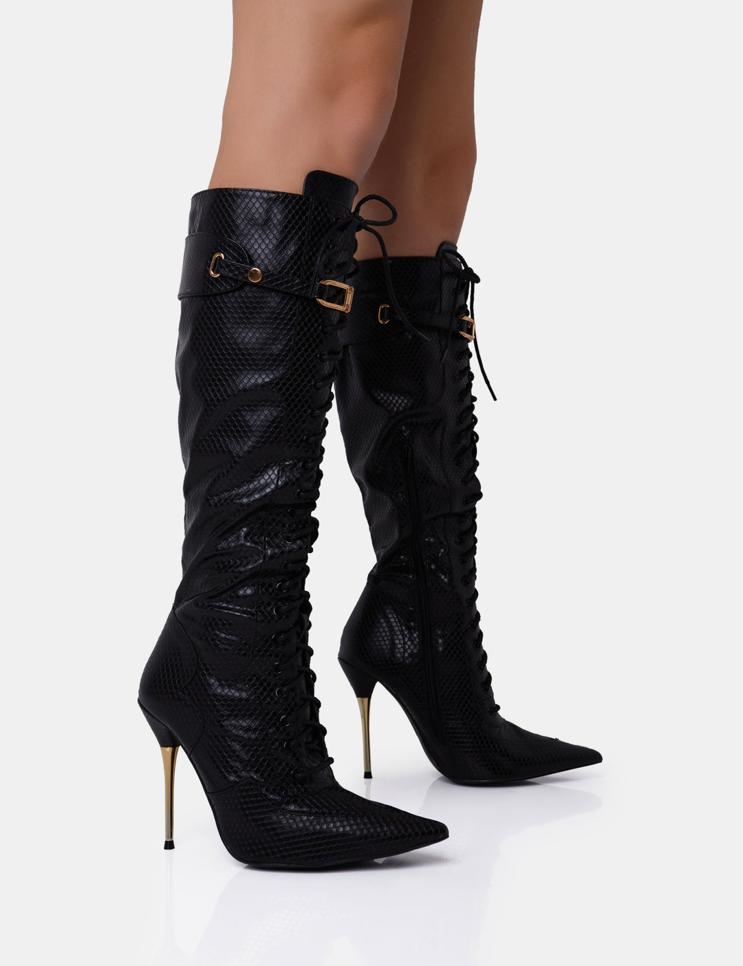 PUBLIC DESIRE INFATUATED CROC LACE UP BUCKLE FEATURE POINTED TOE GOLD STILETTO KNEE HIGH BOOTS