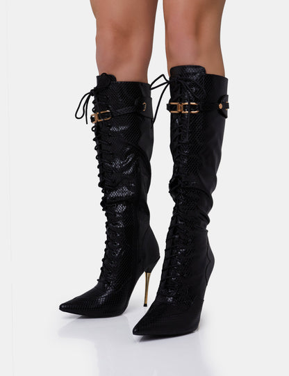 PUBLIC DESIRE INFATUATED CROC LACE UP BUCKLE FEATURE POINTED TOE GOLD STILETTO KNEE HIGH BOOTS