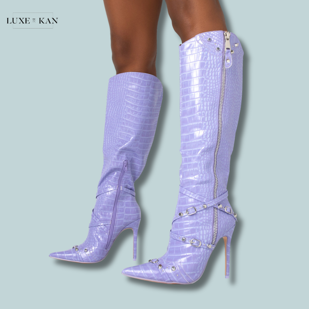 PUBLIC DESIRE WORTHY CROC STUDDED ZIP DETAIL POINTED TOE STILETTO KNEE Luxe by Kan