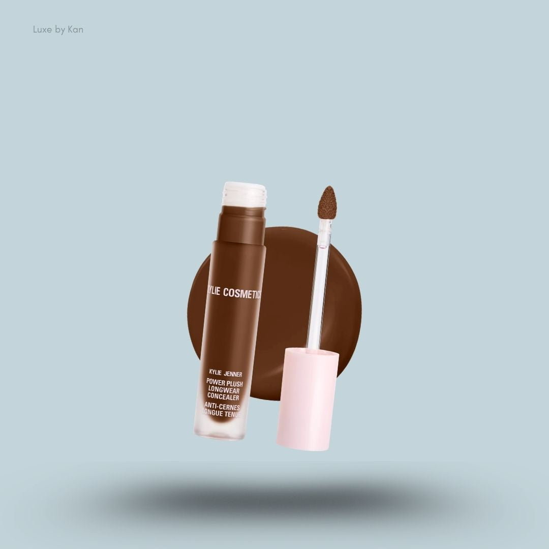 Kylie Cosmetics Power Plush Longwear Concealer bottle and swatch on blue background — LBK India