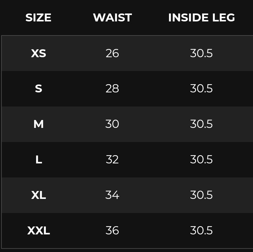 Gymshark adapt camo seamless ribbed leggings Size chart displaying waist measurements (in inches) and a consistent inside leg length of 30.5 inches for various clothing sizes.