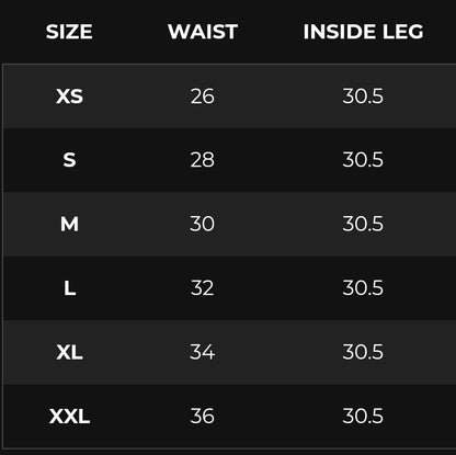 Gymshark adapt camo seamless ribbed leggings Size chart displaying waist measurements (in inches) and a consistent inside leg length of 30.5 inches for various clothing sizes.