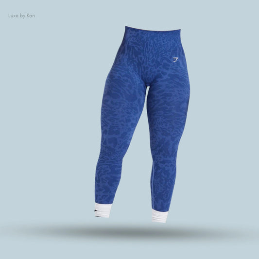 Gymshark high-waisted blue Adapt Safari Seamless Leggings featuring a textured leopard print design.