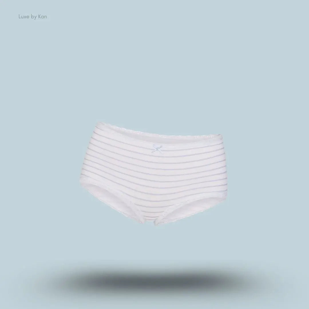 SKIMS Lightweight Cotton Lace Boy Short in Airspace Laguna Stripe, flat lay on light blue background