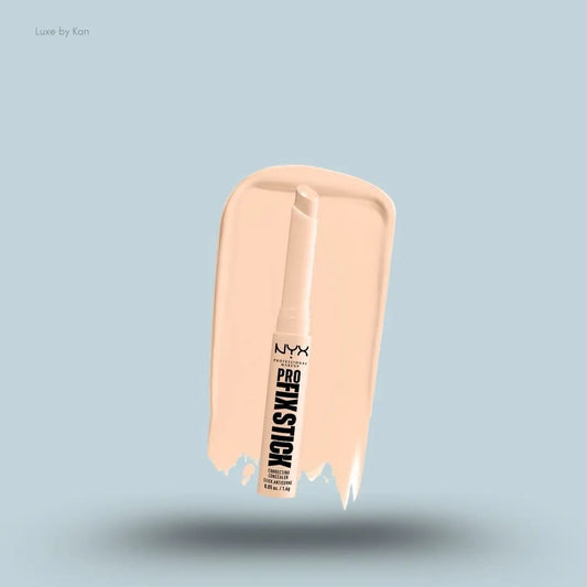  NYX Pro Fix Stick Concealer stick and swatch on blue background — Luxe by Kan India