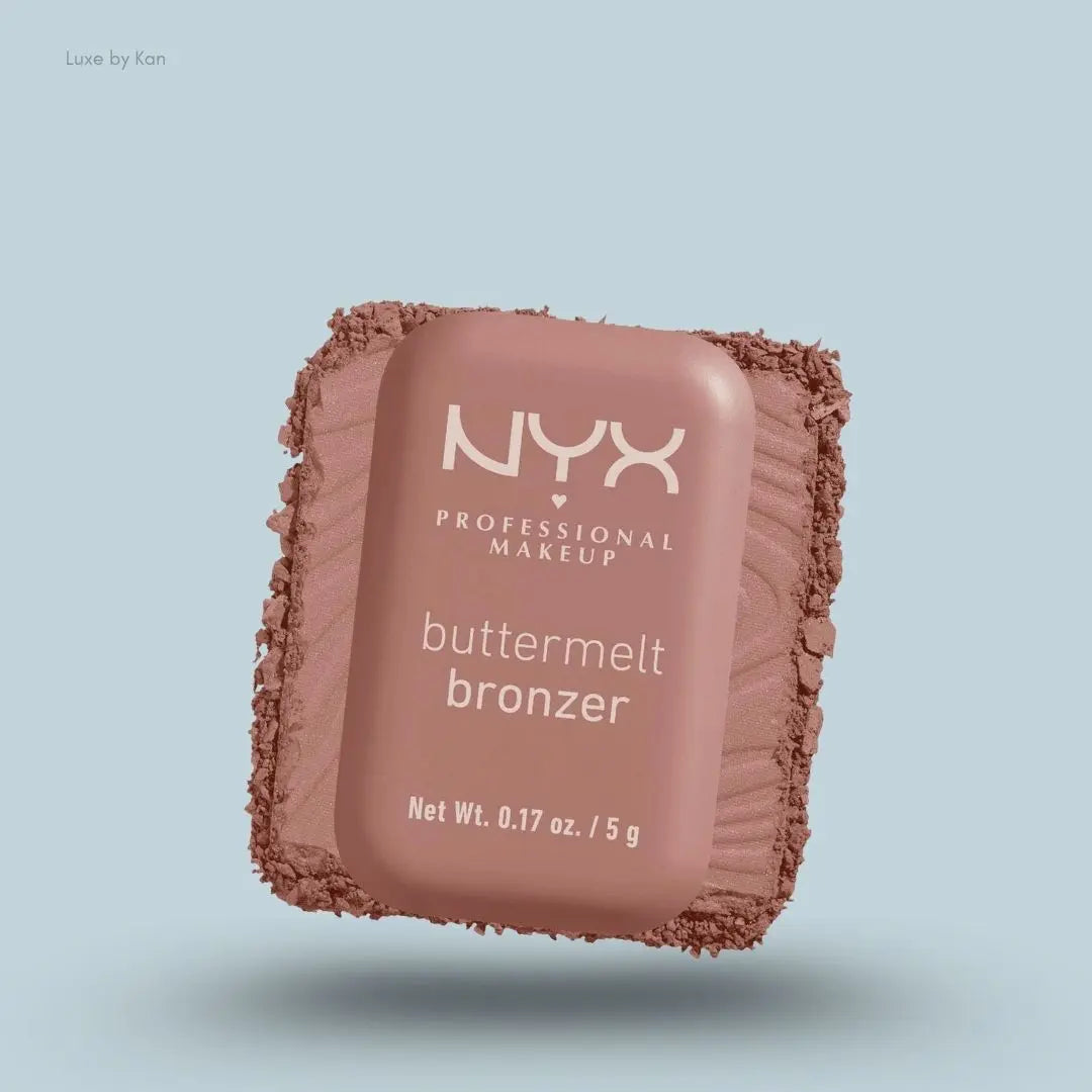 NYX Professional Makeup Buttermelt Powder Bronzer box and swatch on blue background — LBK India
