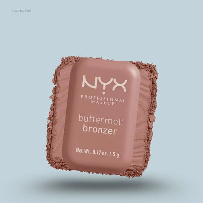NYX Professional Makeup Buttermelt Powder Bronzer box and swatch on blue background — LBK India