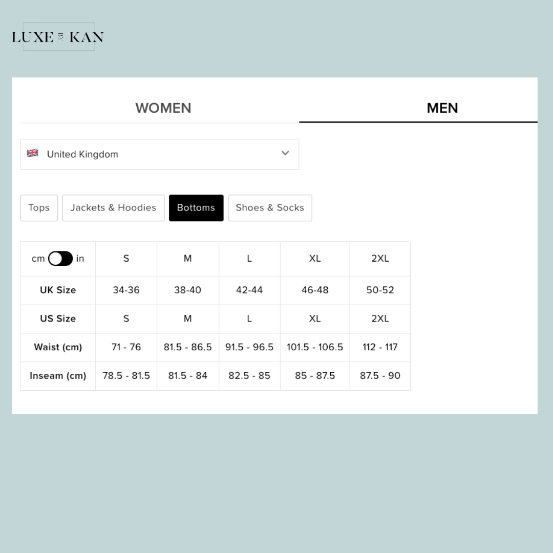 Size chart for Luxe & Kan, displaying UK and US sizes, waist and inseam measurements for women's and men's bottoms.