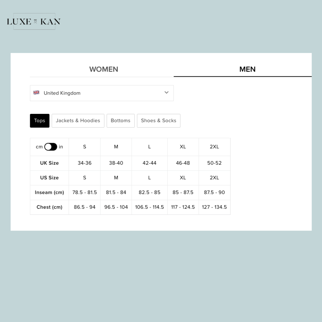 Alo conquer reform crewneck short sleeve size guide for men's and women's clothing, detailing UK and US sizes, inseam, and chest measurements.