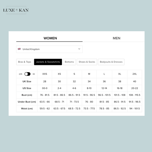 Alo cropped playmaker jacket size chart for women's clothing, displaying UK and US sizes alongside bust, under bust, and waist measurements.
