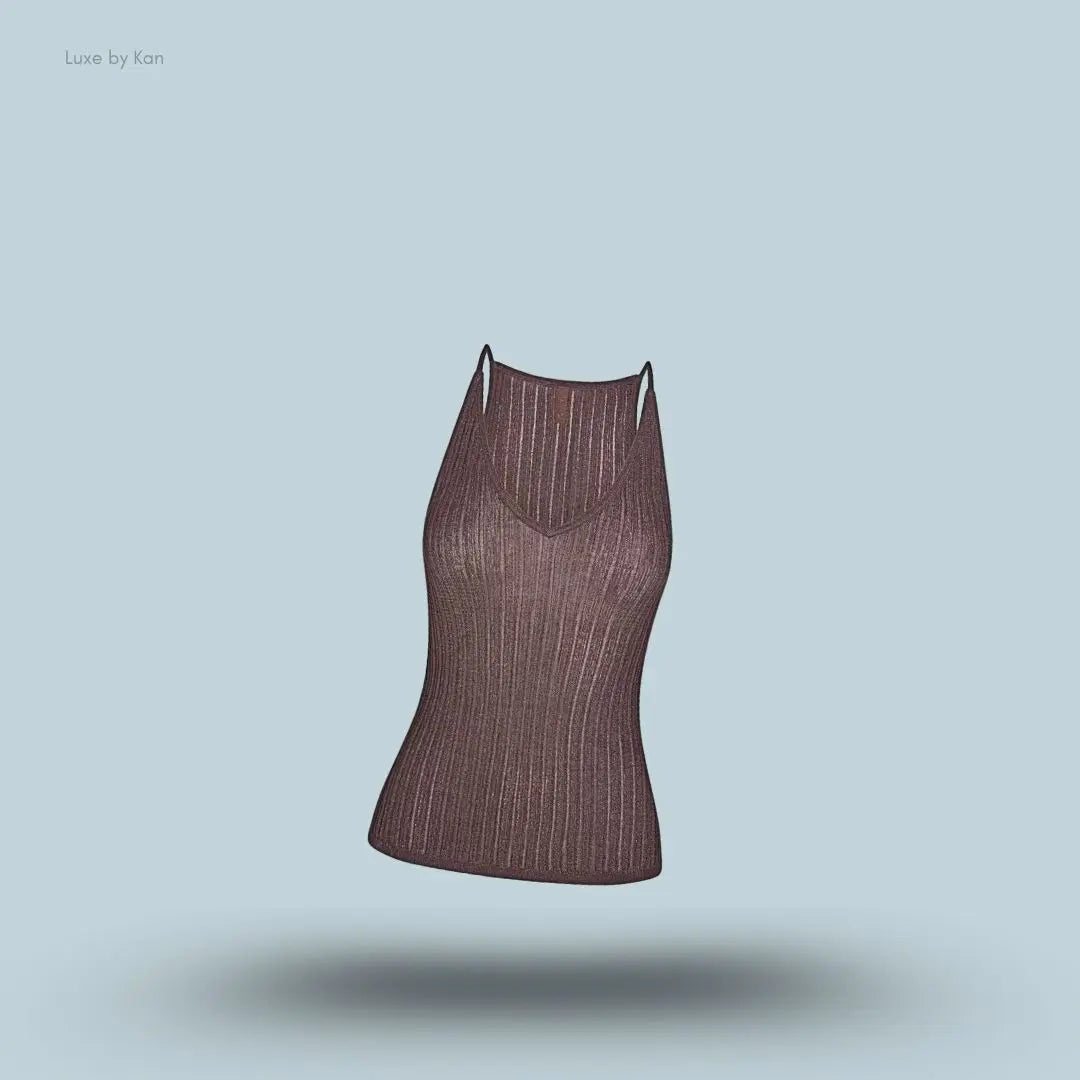 SKIMS Sheer Knit Plunge Tank in Amethyst, flat lay on light blue background