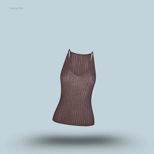 SKIMS Sheer Knit Plunge Tank in Amethyst, flat lay on light blue background