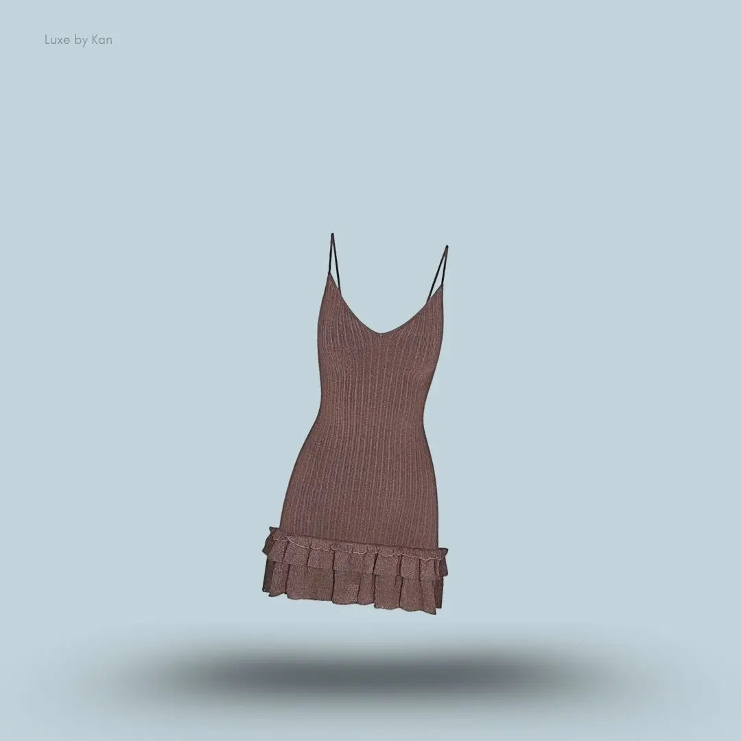 SKIMS Sheer Knit Ruffle Dress in Amethyst, flat lay on light blue background