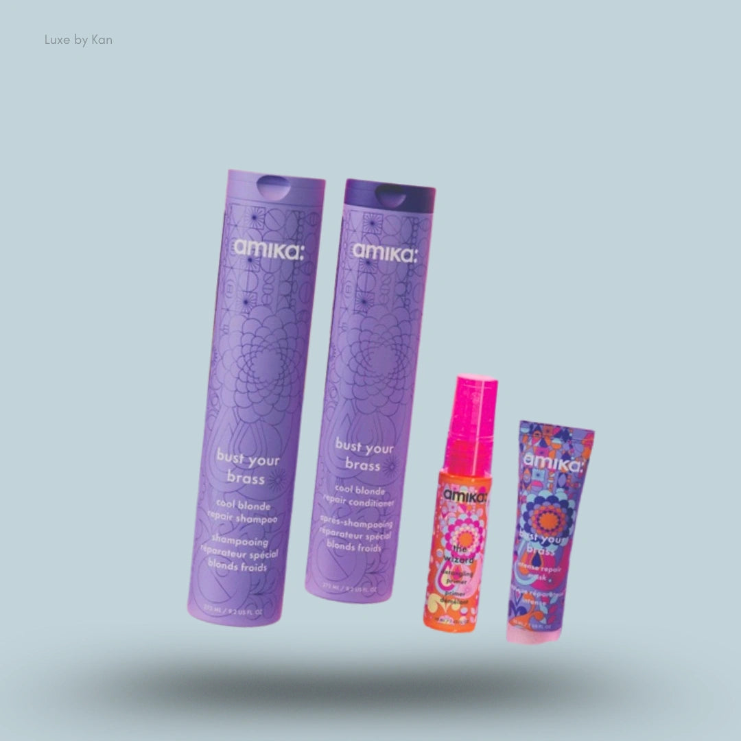 Amika Bye Bye Brass Wash and Care Set 4 pieces on blue background — LBK India