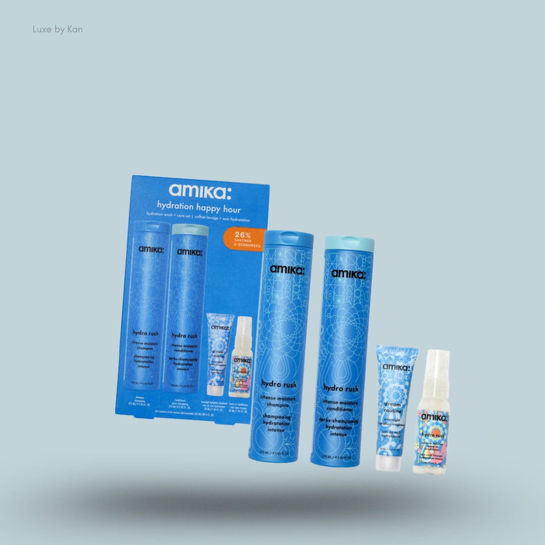 Amika Hydration Happy Hour Wash and Care 4 pieces Set on blue background — LBK India 