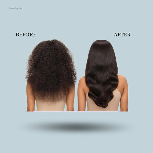 Two back views of a woman with dark hair; the before view displays frizz while the after view shows smooth, styled hair.