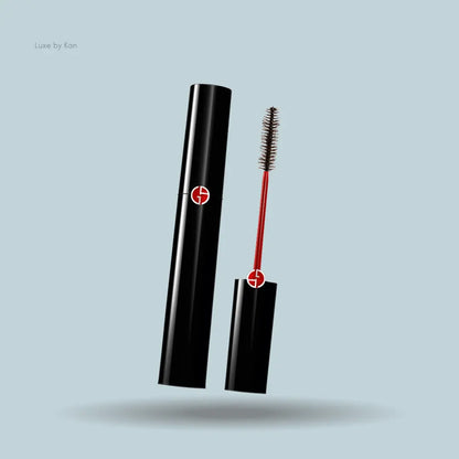 Armani Beauty Black Ecstasy Mascara black bottle with mascara applicator on blue background — LBK