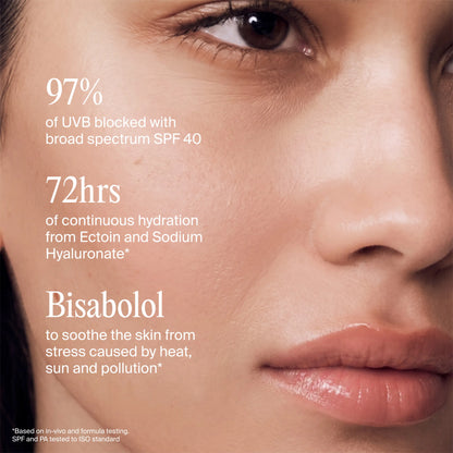 artisun Aura Pearl Skinwear Sunscreen SPF 40 on face with key benefits listed