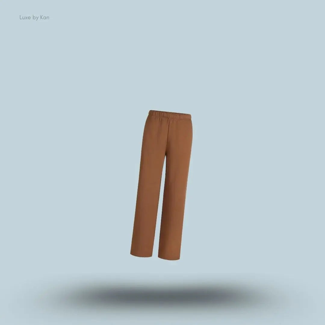 SKIMS Cotton Fleece Classic Straight Leg Pant in Bison, flat lay on light blue background