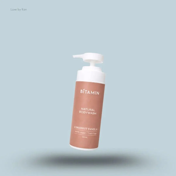 Bitamin Coconut Vanilla Natural Body Wash 400ml bottle on blue background — Luxe by Kan India