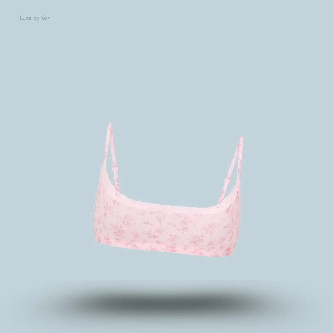 SKIMS Lightweight Cotton Pointelle Scoop Bralette in Bloom Dainty Floral, flat lay on light blue background