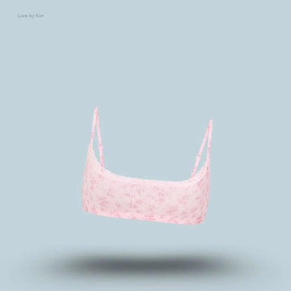 SKIMS Lightweight Cotton Pointelle Scoop Bralette in Bloom Dainty Floral, flat lay on light blue background