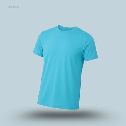 Alo Conquer Reform Crewneck Short Sleeve in Blue Breeze, flat lay on light blue background