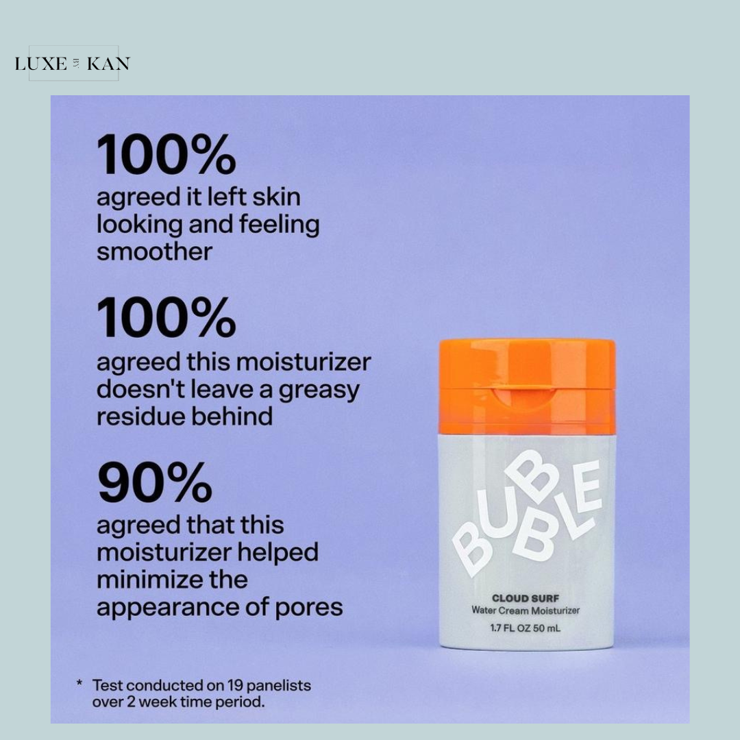 "Bubble Cloud Surf" moisturizer with 100% agreement on smoothness and non-greasiness, and 90% effectiveness in minimizing pores.