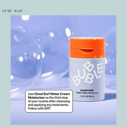 Bubble's Cloud Surf Water Cream Moisturizer, promoting skincare routine steps, next to translucent bubbles.