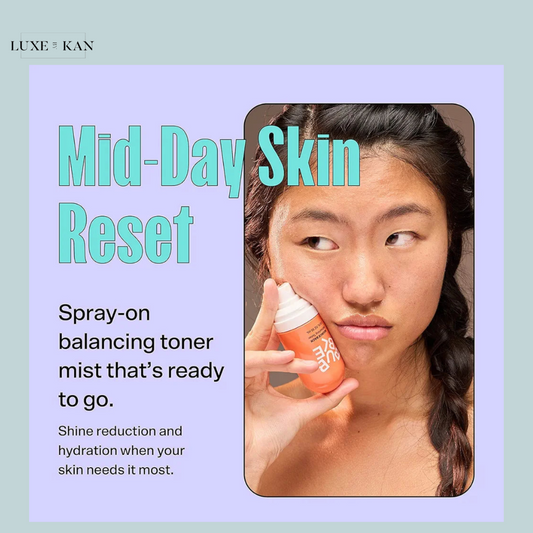 A woman holds a bounce back balancing toner mist near her face, promoting a mid-day skin reset with highlighting the product benefits.