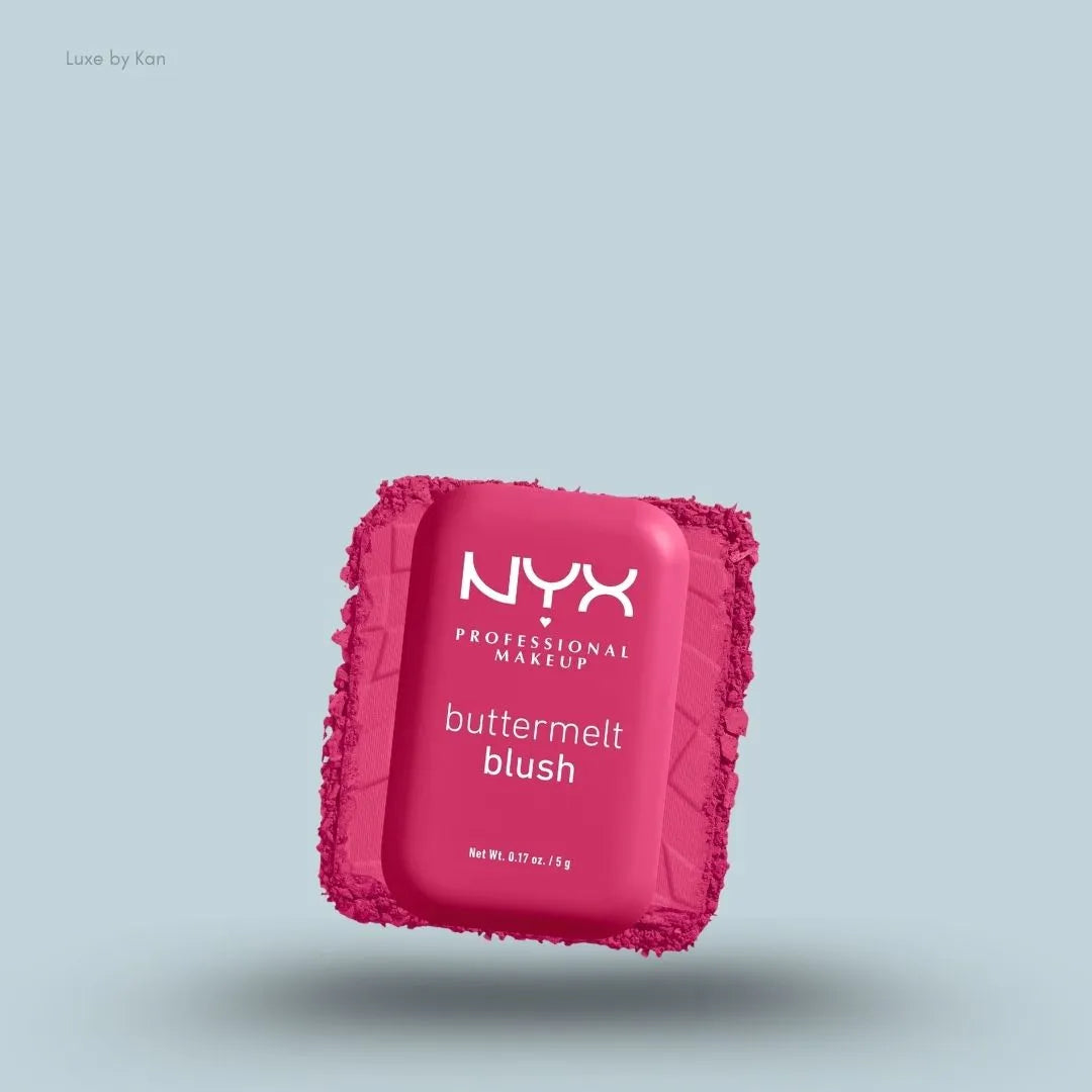 NYX Professional Makeup Buttermelt Powder Blush 12H Fade Resistant on blue background — LBK