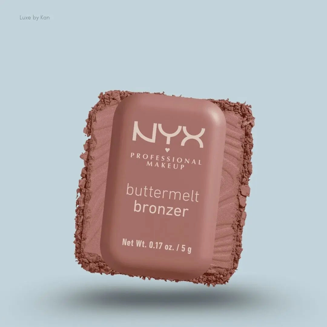 NYX Professional Makeup Buttermelt Powder Bronzer box and swatch on blue background — LBK India