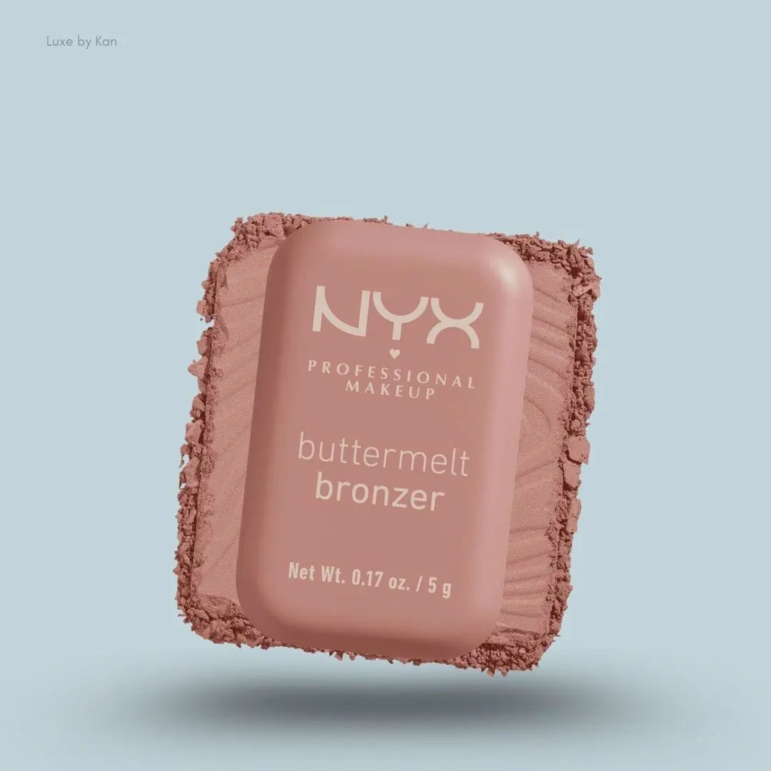 NYX Professional Makeup Buttermelt Powder Bronzer box and swatch on blue background — LBK India