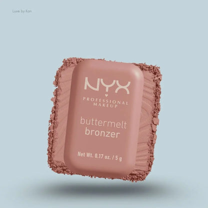 NYX Professional Makeup Buttermelt Powder Bronzer box and swatch on blue background — LBK India