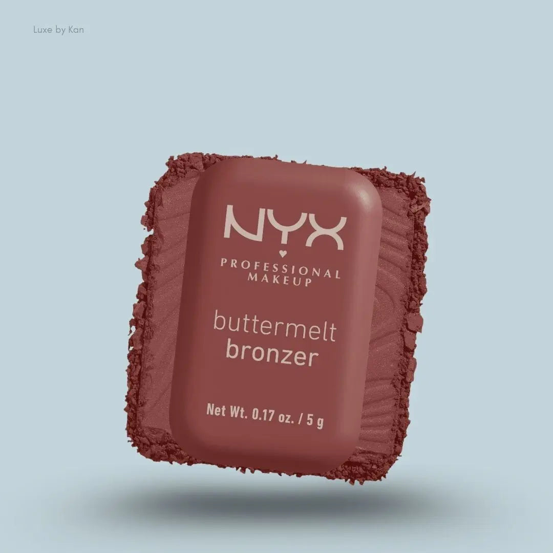 NYX Professional Makeup Buttermelt Powder Bronzer box and swatch on blue background — LBK India