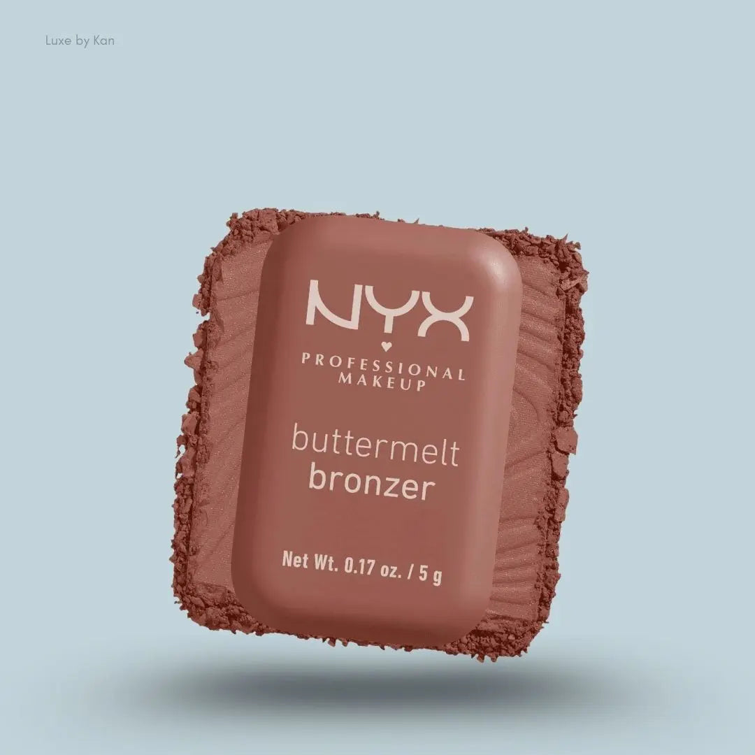 NYX Professional Makeup Buttermelt Powder Bronzer box and swatch on blue background — LBK India