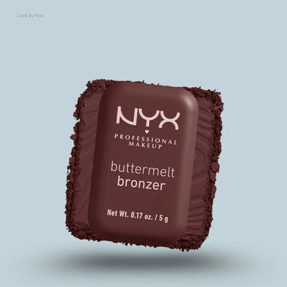 NYX Professional Makeup Buttermelt Powder Bronzer box and swatch on blue background — LBK India