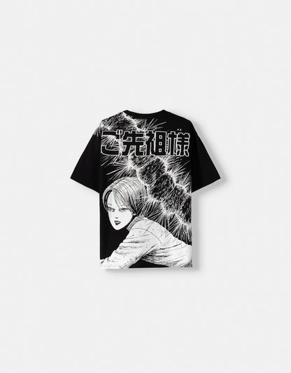 Bershka Men Junji Ito Collection boxy fit embroidered short sleeve T-shirt