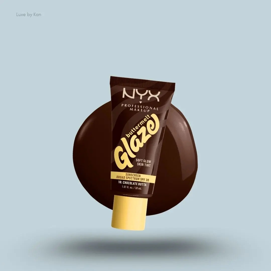 NYX Professional Makeup Buttermelt Glaze Skin Tint SPF 30 tube and swatch on blue background — LBK