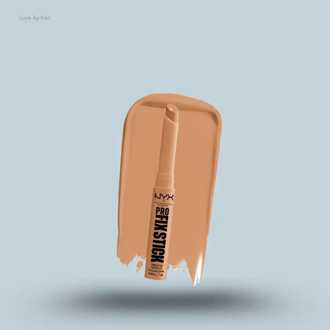  NYX Pro Fix Stick Concealer stick and swatch on blue background — Luxe by Kan India