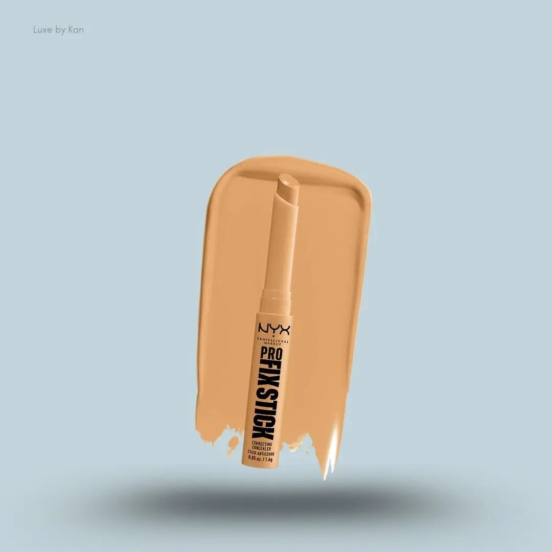  NYX Pro Fix Stick Concealer stick and swatch on blue background — Luxe by Kan India