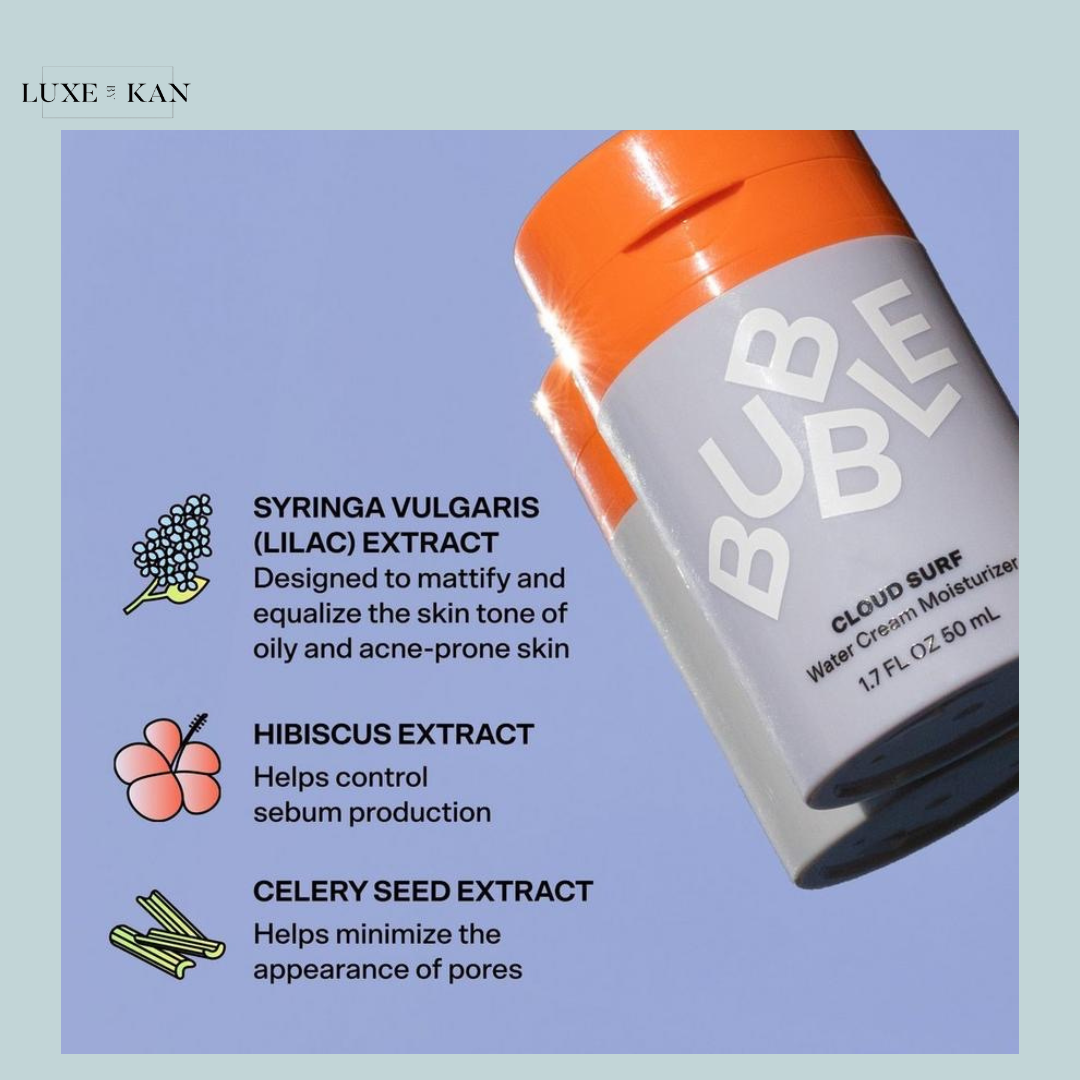 "BUBBLE CLOUD SURF" with key ingredients highlighted, targeting oily and acne-prone skin.