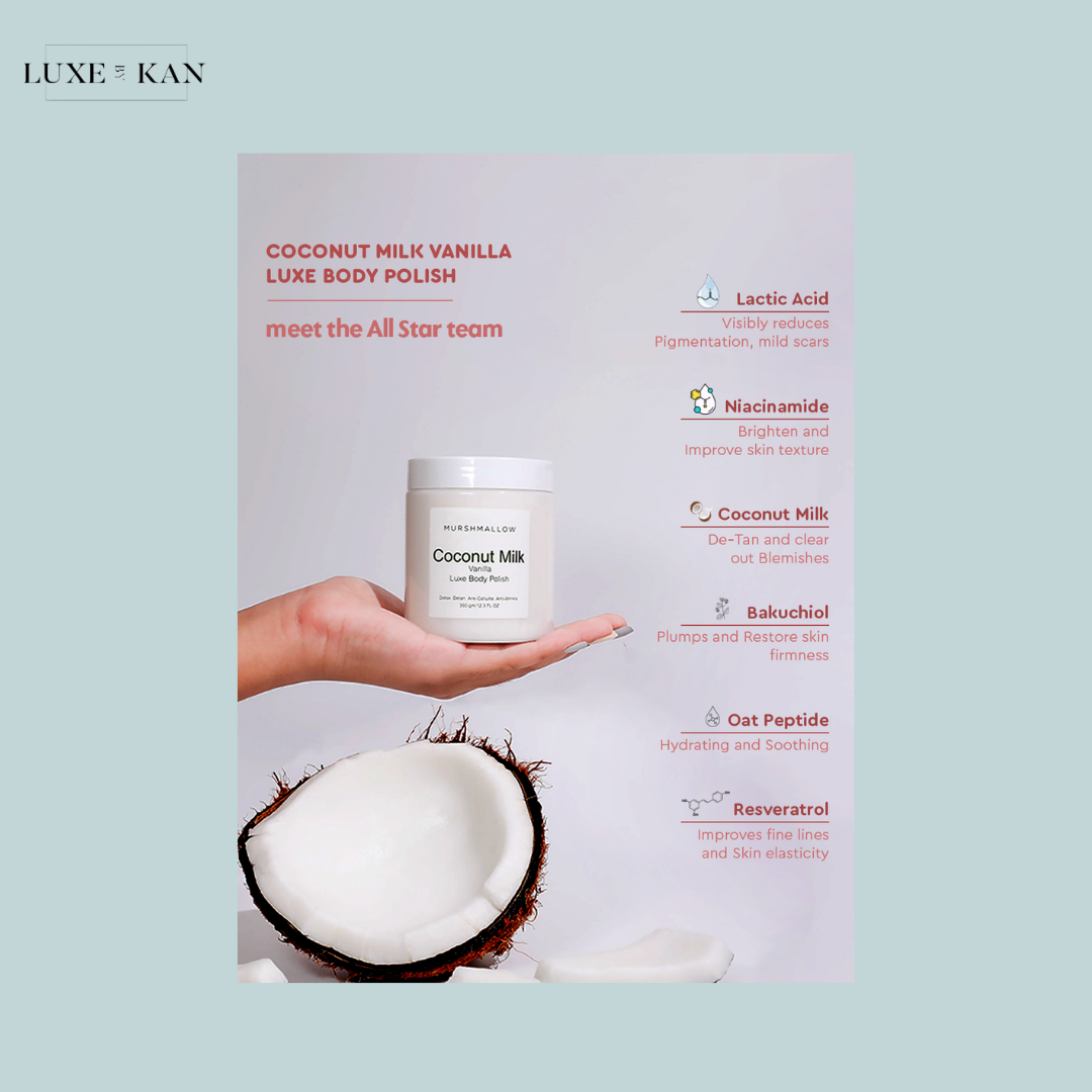 Hand holding a jar of Coconut Milk Luxe Body Polish next to a fresh coconut, highlighting key skin benefits and ingredients.