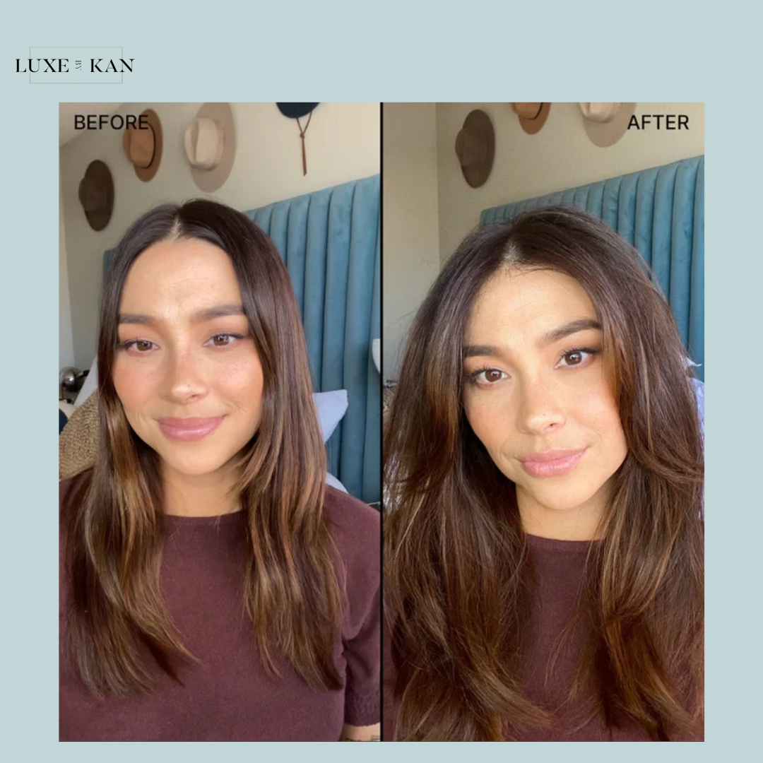 Color wow xtra large bombshell volumizer comparison of hair, showing significant volume and texture improvement from left (before) to right (after).
