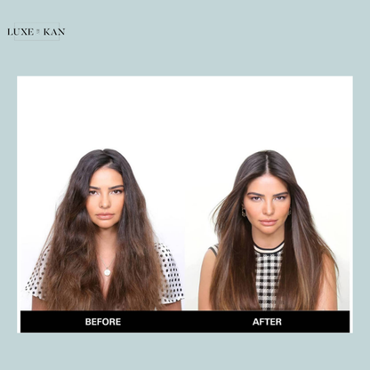 Color wow dream coat supernatural spray comparison of hair transformations, showing a shift from frizzy, wavy hair (before) to sleek, straight hair (after).