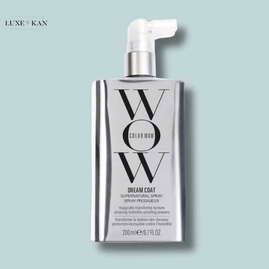 Color wow dream coat supernatural spray, labeled with benefits for transforming hair texture and humidity protection.
