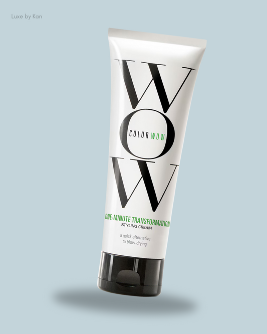 A tube of Color Wow styling cream labeled "One-Minute Transformation," designed as a quick alternative to blow-drying hair.