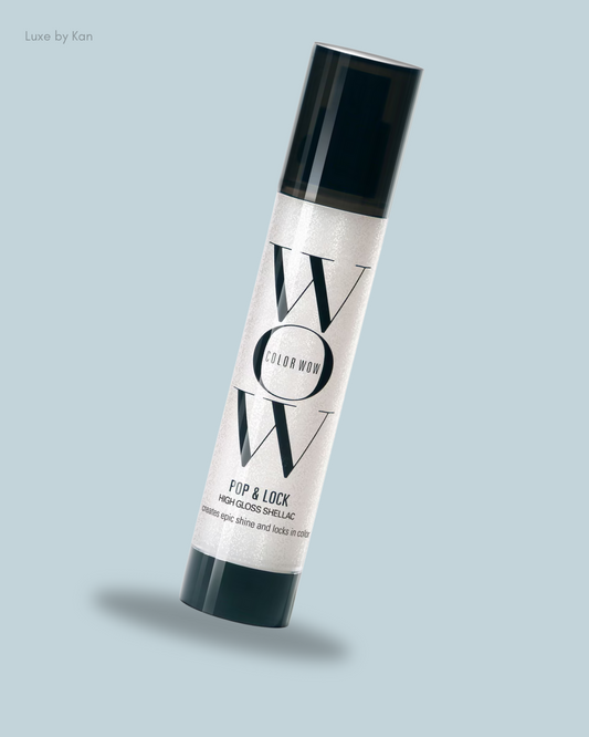 Color Wow Pop & Lock High Gloss Finish Shellac bottle, featuring a glossy design, promises epic shine and color protection.